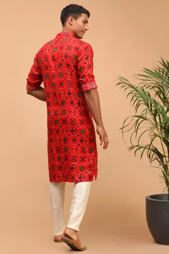 Red And Cream Cotton Blend Kurta Pyjama Set