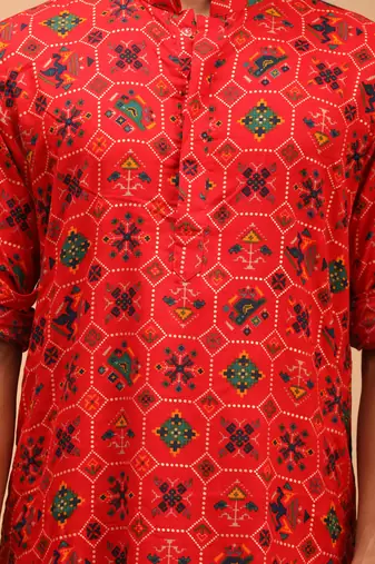 Red And Cream Cotton Blend Kurta Pyjama Set
