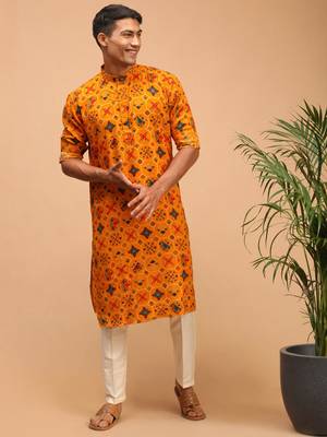 Yellow And Cream Cotton Blend Kurta Pyjama Set 1