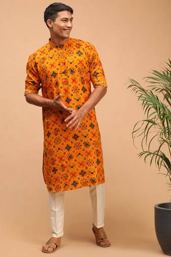 Men'S Yellow And Cream Cotton Blend Kurta Pyjama Set