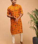 Yellow And Cream Cotton Blend Kurta Pyjama Set