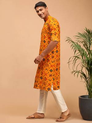 Yellow And Cream Cotton Blend Kurta Pyjama Set 2