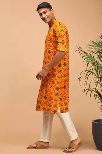 Yellow And Cream Cotton Blend Kurta Pyjama Set