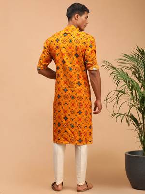 Yellow And Cream Cotton Blend Kurta Pyjama Set 3