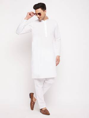 White Cotton Blend Kurta Pyjama Set 1