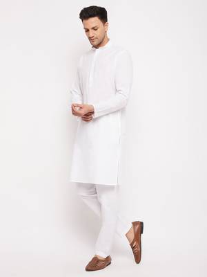 White Cotton Blend Kurta Pyjama Set 2