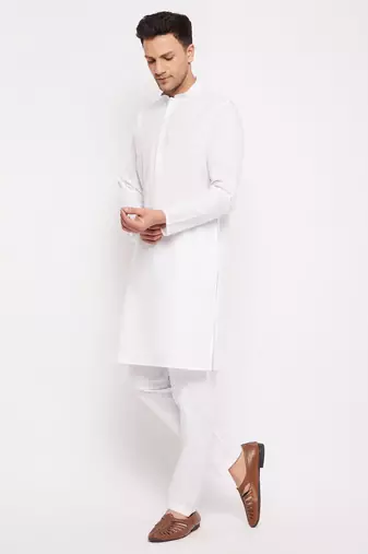 White Cotton Blend Kurta Pyjama Set