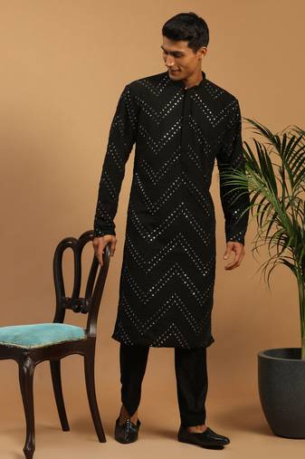 Men'S Black Georgette Kurta Pyjama Set