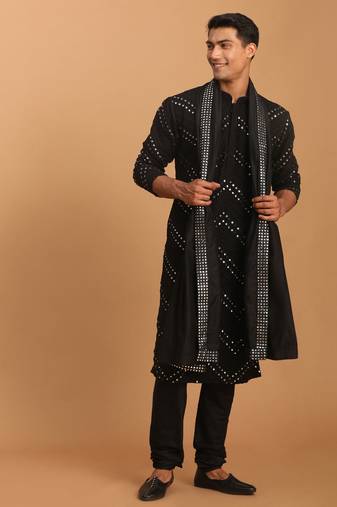Men'S Black Georgette Kurta Pyjama Set