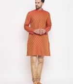 Men'S Red And Rose Gold Silk Blend Kurta Pyjama Set