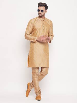 Men'S Beige And Rose Gold Silk Blend Kurta Pyjama Set 1