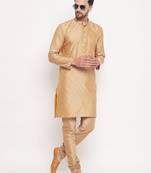 Men'S Beige And Rose Gold Silk Blend Kurta Pyjama Set