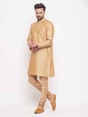 Men'S Beige And Rose Gold Silk Blend Kurta Pyjama Set 2