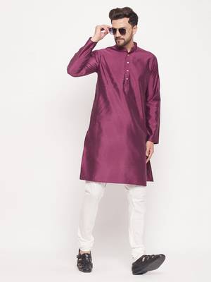 Men'S Purple And Cream Silk Blend Kurta Pyjama Set 1