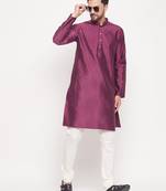 Men'S Purple And Cream Silk Blend Kurta Pyjama Set