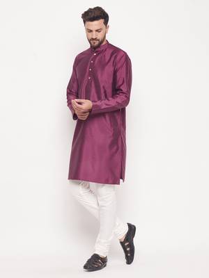 Men'S Purple And Cream Silk Blend Kurta Pyjama Set 2