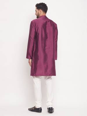Men'S Purple And Cream Silk Blend Kurta Pyjama Set 3