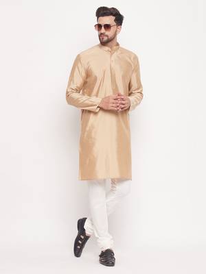Men'S Beige And Cream Silk Blend Kurta Pyjama Set 1