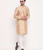 Men'S Beige And Cream Silk Blend Kurta Pyjama Set