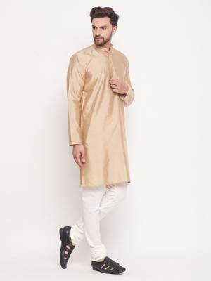 Men'S Beige And Cream Silk Blend Kurta Pyjama Set 2