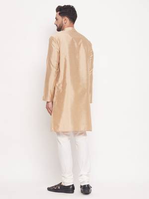 Men'S Beige And Cream Silk Blend Kurta Pyjama Set 3