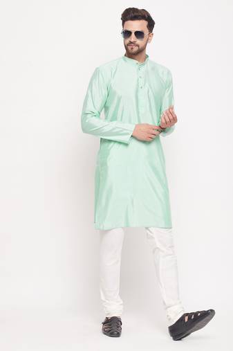 Men'S Aqua And Cream Silk Blend Kurta Pyjama Set