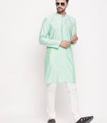 Men'S Aqua And Cream Silk Blend Kurta Pyjama Set