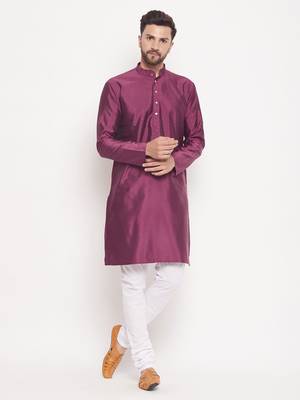 Men'S Purple And White Silk Blend Kurta Pyjama Set 1