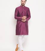Men'S Purple And White Silk Blend Kurta Pyjama Set