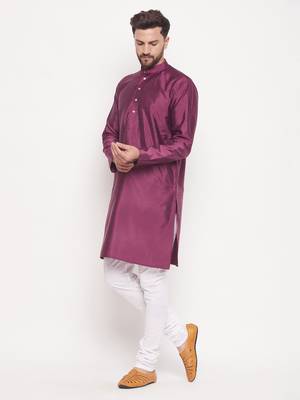 Men'S Purple And White Silk Blend Kurta Pyjama Set 2