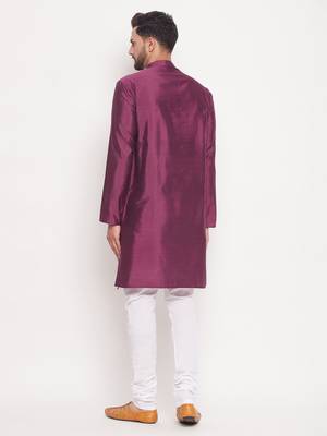 Men'S Purple And White Silk Blend Kurta Pyjama Set 3