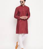 Men'S Maroon And White Silk Blend Kurta Pyjama Set