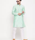 Men'S Aqua And White Silk Blend Kurta Pyjama Set