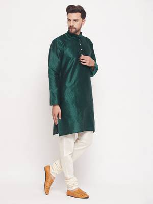 Men'S Green And Cream Silk Blend Kurta Pyjama Set 2