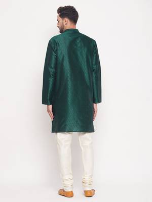 Men'S Green And Cream Silk Blend Kurta Pyjama Set 3
