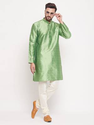Men'S Mint Green And Cream Silk Blend Kurta Pyjama Set 1
