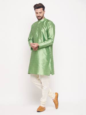 Men'S Mint Green And Cream Silk Blend Kurta Pyjama Set 2