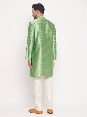 Men'S Mint Green And Cream Silk Blend Kurta Pyjama Set 3