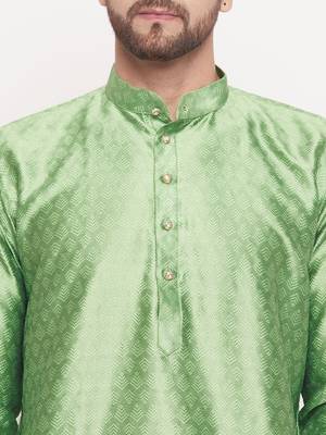 Men'S Mint Green And Cream Silk Blend Kurta Pyjama Set 4