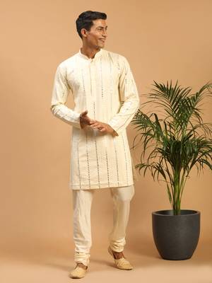Cream Viscose Kurta Pyjama Set 1