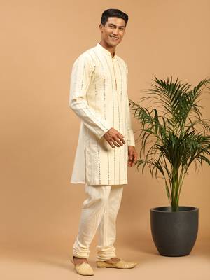 Cream Viscose Kurta Pyjama Set 2