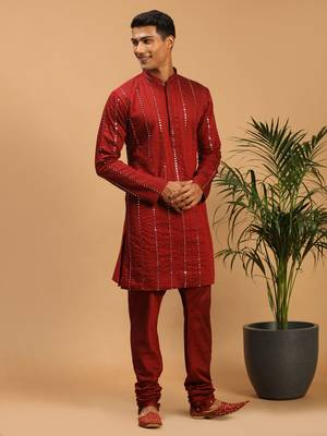 Maroon Viscose Kurta Pyjama Set 2