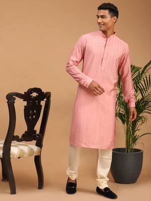Purple And Cream Cotton Blend Kurta Pyjama Set 1