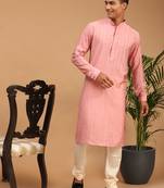 Purple And Cream Cotton Blend Kurta Pyjama Set