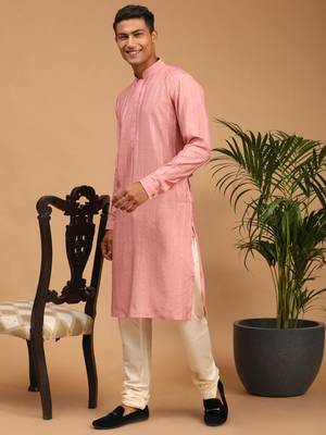 Purple And Cream Cotton Blend Kurta Pyjama Set 2