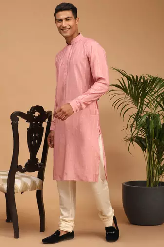 Purple And Cream Cotton Blend Kurta Pyjama Set
