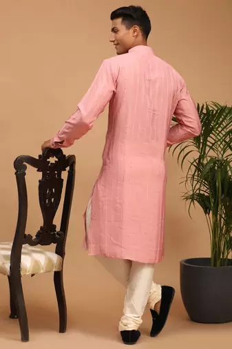 Purple And Cream Cotton Blend Kurta Pyjama Set
