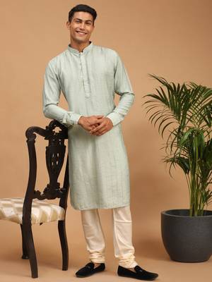 Men'S Green And Cream Cotton Blend Kurta Pyjama Set 1