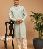 Men'S Green And Cream Cotton Blend Kurta Pyjama Set