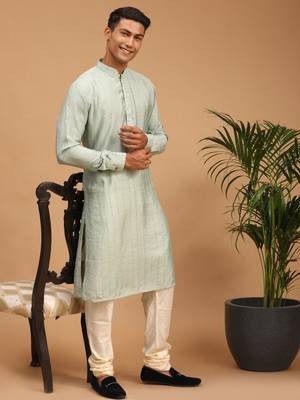Men'S Green And Cream Cotton Blend Kurta Pyjama Set 2